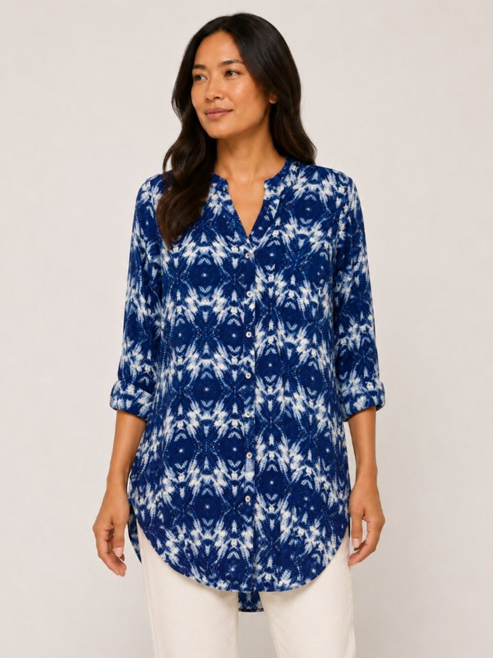 Anthropologie Seen Worn Kept Silk Tunic Blue White Shibori Print Blouse Size 8